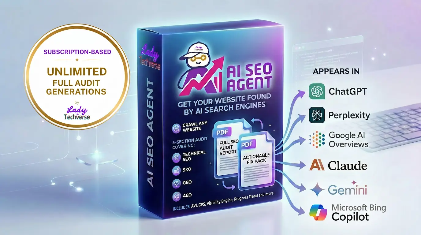 LITV AI SEO Agent 2.0 box artwork showing unlimited full audit generations and AI search platforms